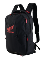 Honda City Hunter V2 Backpack, Urban Motorcycle Backpack, Black and Bright Red, featuring a large red Honda wing logo and Alpinestars branding, multiple zippered compartments with red pulls, ergonomic design with padded 3D mesh straps.