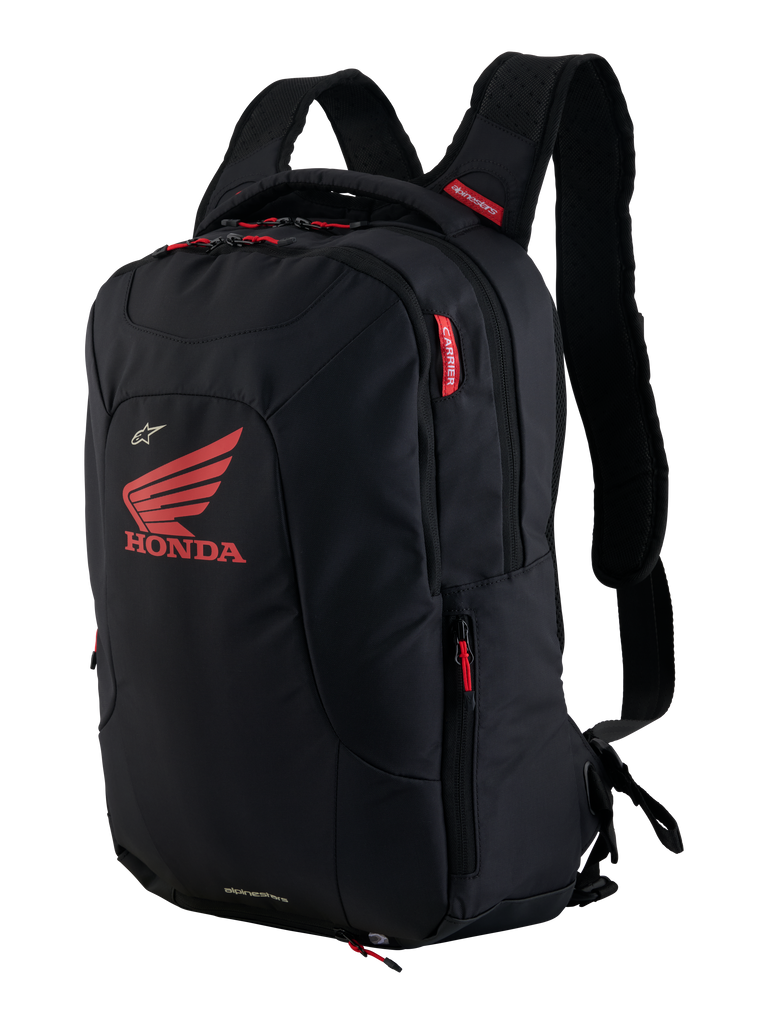 Honda City Hunter V2 Backpack, Urban Motorcycle Backpack, Black and Bright Red, featuring a large red Honda wing logo and Alpinestars branding, multiple zippered compartments with red pulls, ergonomic design with padded 3D mesh straps.