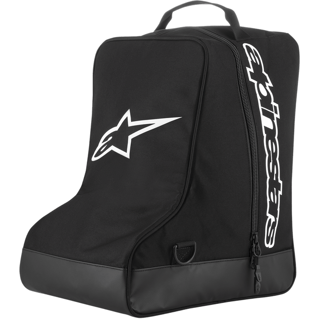 Alpinestars Boot Bag, Motocross gear storage, Black with white star logo and vertical wordmark, top webbing haul handle, reinforced tarpaulin base, durable 600D polyester, designed for off-road footwear