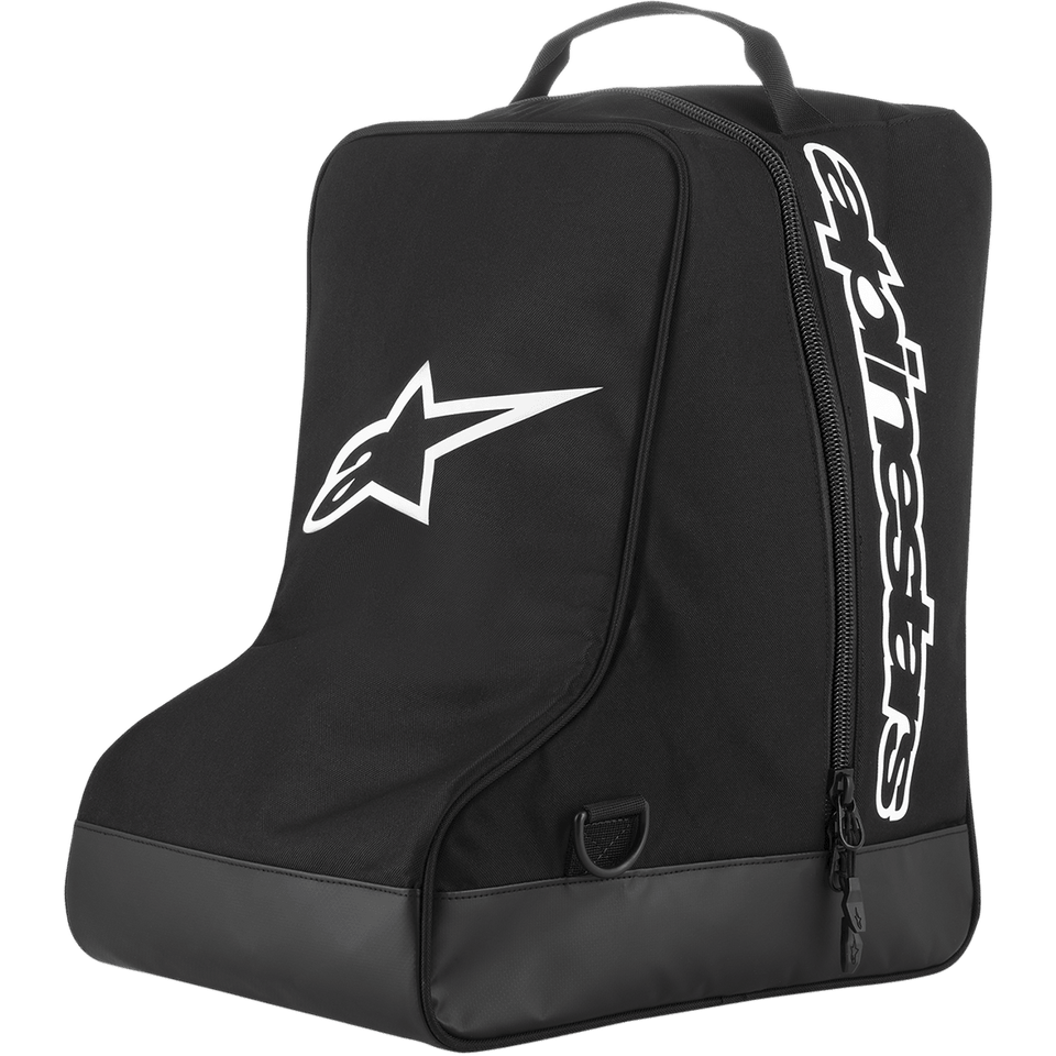 Alpinestars Boot Bag, Motocross gear storage, Black with white star logo and vertical wordmark, top webbing haul handle, reinforced tarpaulin base, durable 600D polyester, designed for off-road footwear