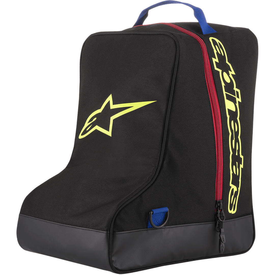 Alpinestars Boot Bag, Black and Yellow, Motocross Gear Storage Bag, Red zipper and Blue handle, featuring large Yellow star logo and Alpinestars branding, durable tarpaulin base, specialized luggage for off-road racing boots