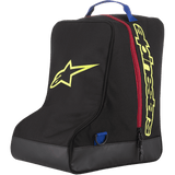 Alpinestars Boot Bag, Black and Yellow, Motocross Gear Storage Bag, Red zipper and Blue handle, featuring large Yellow star logo and Alpinestars branding, durable tarpaulin base, specialized luggage for off-road racing boots