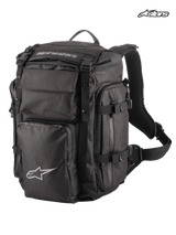 Alpinestars Rover Overland Backpack, adventure touring motorcycle backpack, black, featuring a 39-liter capacity, roll-top design, compressible front compartment, and durable textile construction