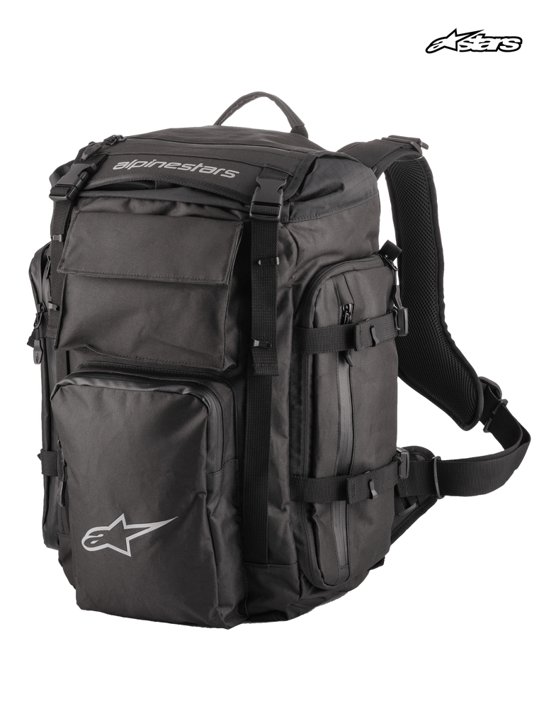 Alpinestars Rover Overland Backpack, adventure touring motorcycle backpack, black, featuring a 39-liter capacity, roll-top design, compressible front compartment, and durable textile construction