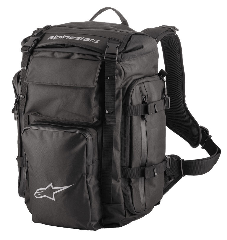 Alpinestars Rover Overland Backpack, Adventure Touring Backpack, Black, white Alpinestars branding, multiple zippered compartments with compression straps, padded mesh shoulder straps and ergonomic harness, durable textile design for long-distance motorcycle travel