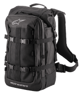 Alpinestars Rover Multi Backpack, Adventure Touring Backpack, Black, featuring a mesh front panel, adjustable compression straps with buckles, padded ergonomic shoulder straps, and robust textile construction for motorcycle commuting and adventure riding