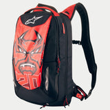 Alpinestars FQ20 City Hunter Backpack, Black and Bright Red motorcycle bag featuring Fabio Quartararo devil graphics.