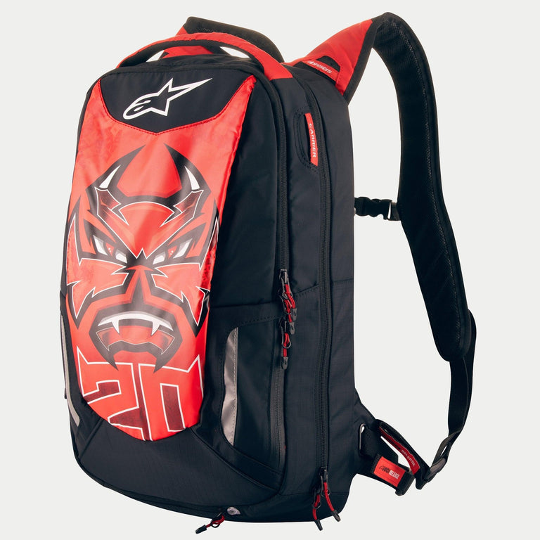 Alpinestars FQ20 City Hunter Backpack, Black and Bright Red motorcycle bag featuring Fabio Quartararo devil graphics.