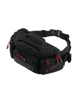 Alpinestars MM93 Waist Bag, Motorcycle Hip Pack, Black with Red Zipper Pulls, multiple zippered compartments, adjustable belt with buckle, featuring red Alpinestars logo and grey MM93 branding, durable water-resistant textile