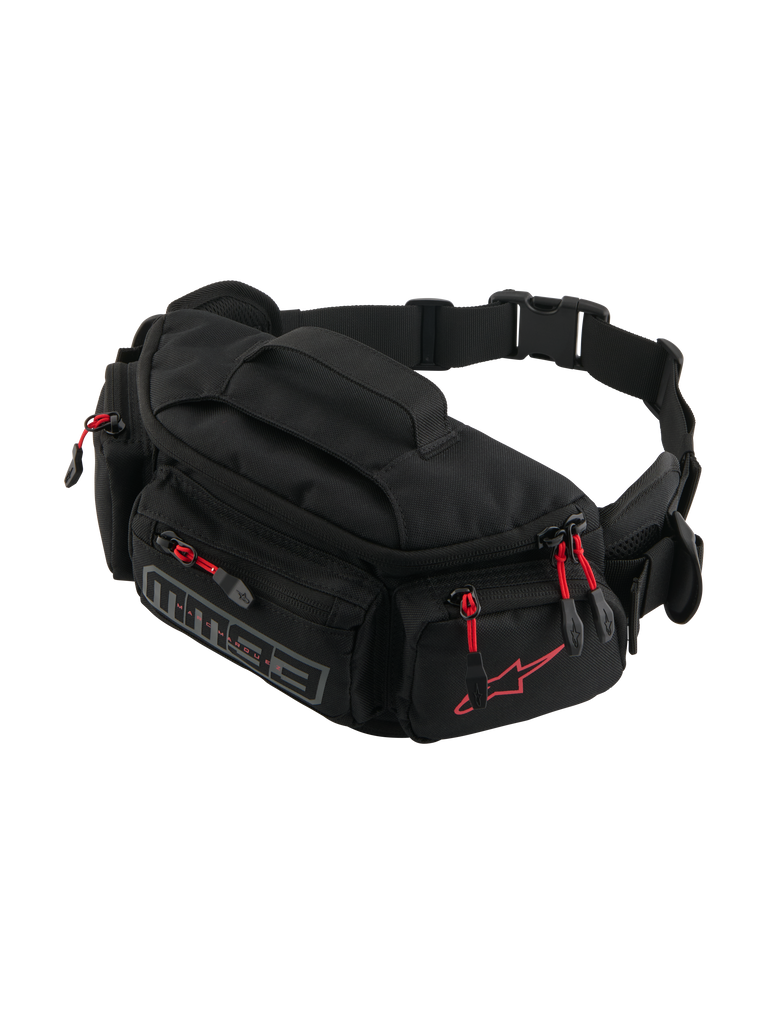 Alpinestars MM93 Waist Bag, Motorcycle Hip Pack, Black with Red Zipper Pulls, multiple zippered compartments, adjustable belt with buckle, featuring red Alpinestars logo and grey MM93 branding, durable water-resistant textile