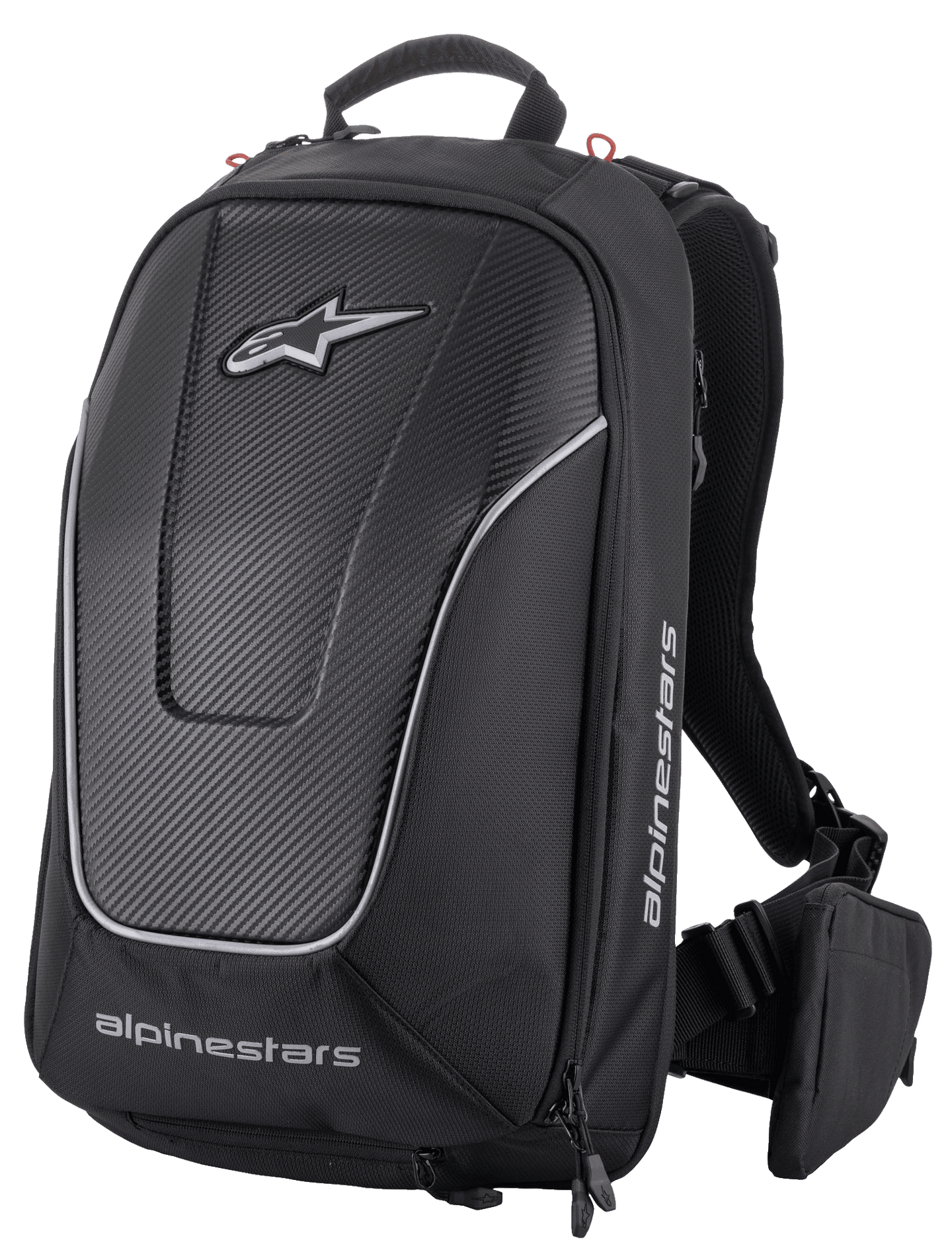 Alpinestars Charger Pro Backpack, Black, Aerodynamic semi-rigid motorcycle backpack, Carbon fiber textured front panel with reflective silver piping, White Alpinestars logos, Padded shoulder straps and removable waist belt pouch, Sporty riding design