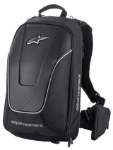 Alpinestars Charger Pro Backpack, Black, Aerodynamic semi-rigid motorcycle backpack, Carbon fiber textured front panel with reflective silver piping, White Alpinestars logos, Padded shoulder straps and removable waist belt pouch, Sporty riding design