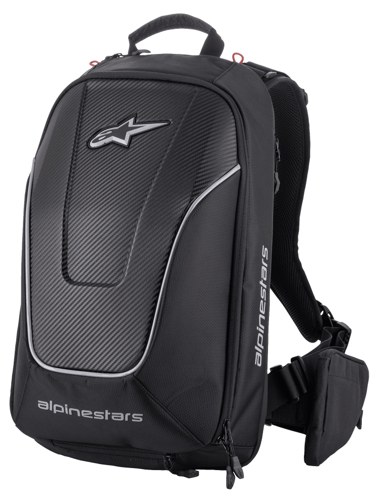 Alpinestars Charger Pro Backpack, Black, Aerodynamic semi-rigid motorcycle backpack, Carbon fiber textured front panel with reflective silver piping, White Alpinestars logos, Padded shoulder straps and removable waist belt pouch, Sporty riding design