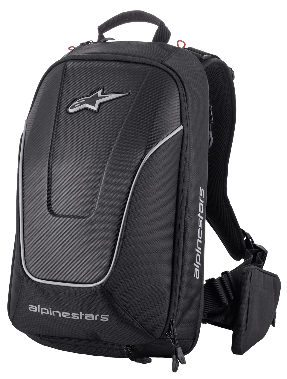Alpinestars Charger Pro Backpack, Black, Aerodynamic semi-rigid motorcycle backpack, Carbon fiber textured front panel with reflective silver piping, White Alpinestars logos, Padded shoulder straps and removable waist belt pouch, Sporty riding design
