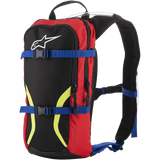 Alpinestars Iguana Hydration Backpack, Off-road Motocross Riding Pack, Black and Red with Blue Straps and Yellow Fluo Graphics, White Astars Logo, Dual Zippered Compartments, Padded Shoulder Straps with visible Hydration Tube