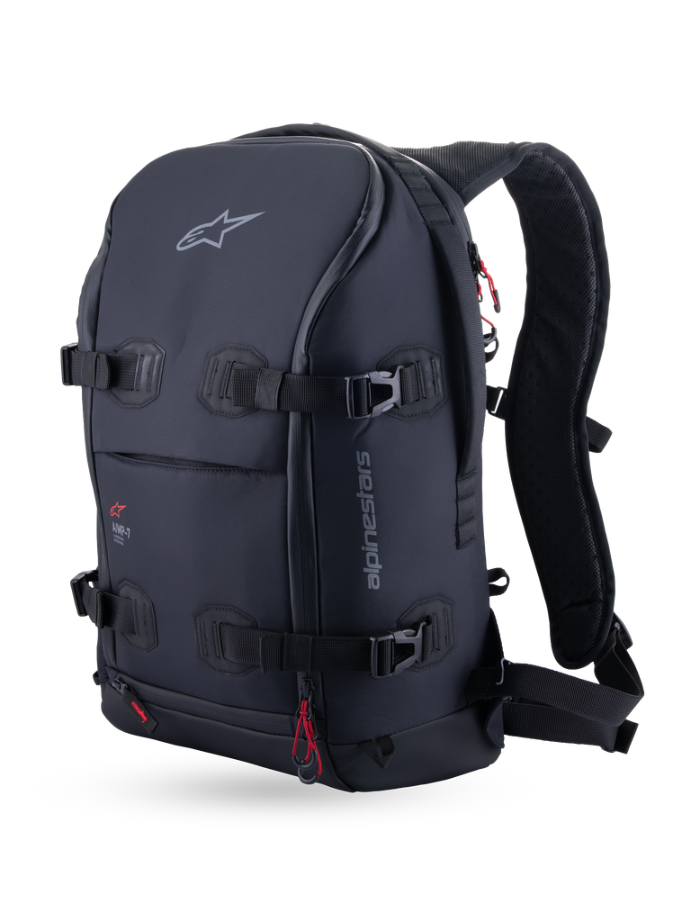 Alpinestars AMP-7 Backpack, Technical Motorcycle Touring Backpack, Black, Front Three-Quarter View Featuring Four Load Compression Straps, Ergonomic Padded Shoulder Straps, and Red Accent Pulls.