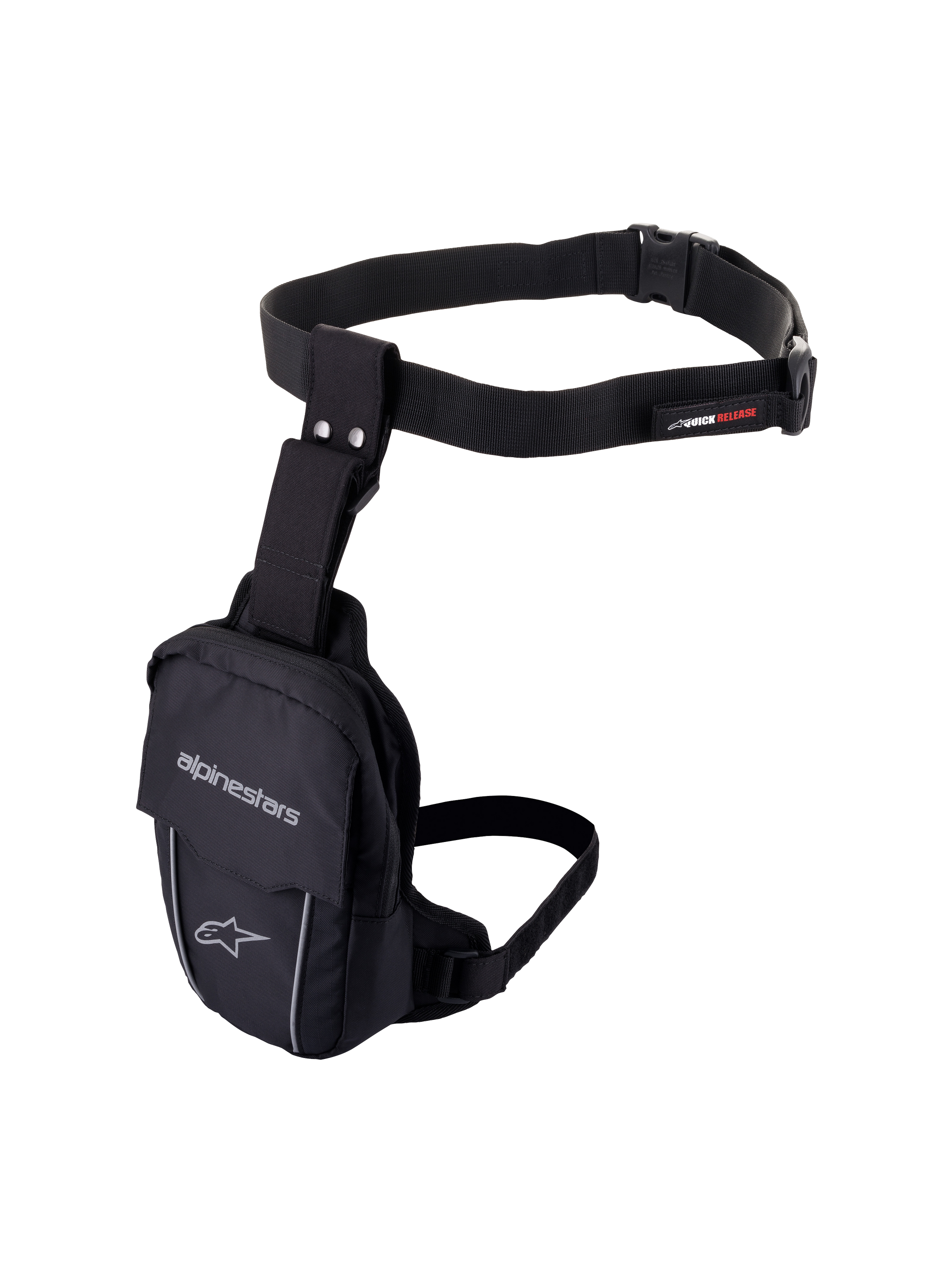Alpinestars Access Thigh Bag, Black motorcycle leg bag, durable textile construction with adjustable waist belt and thigh strap, featuring Alpinestars branding, reflective piping, and quick-release buckle, ergonomic design for on-bike storage of small essentials.