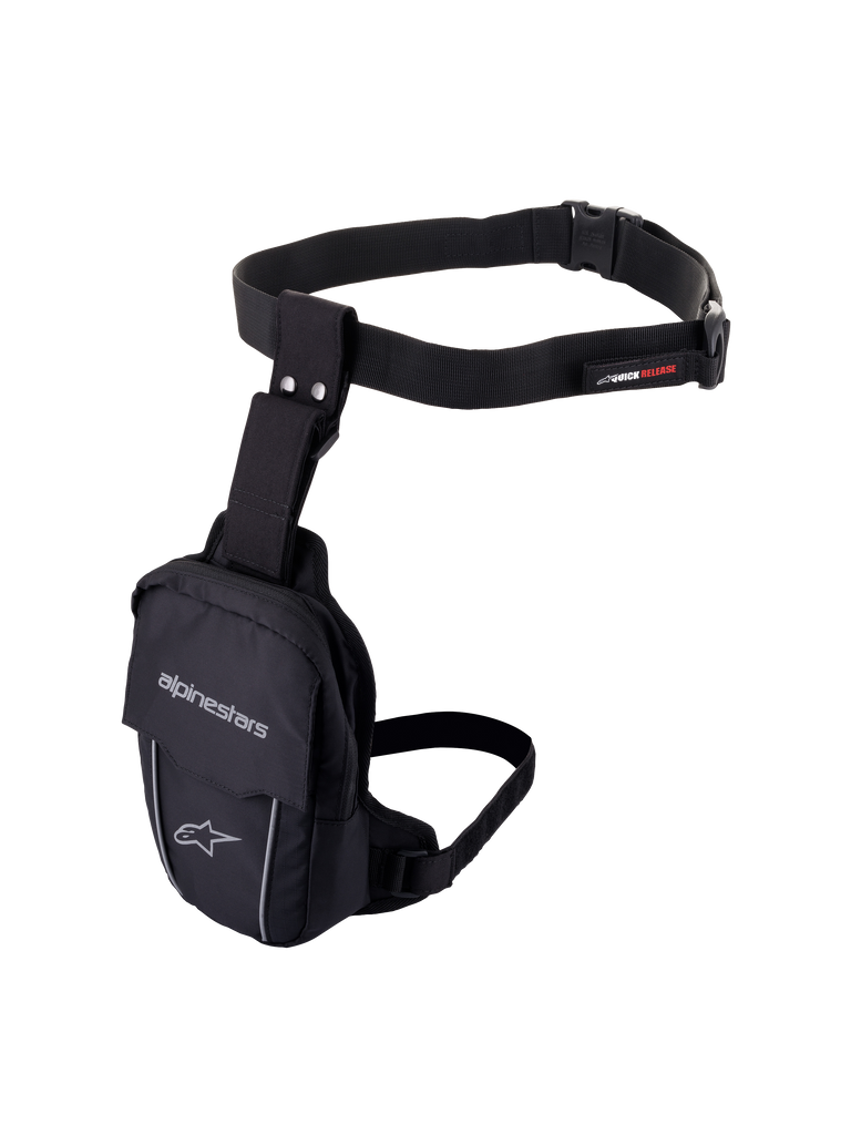 Alpinestars Access Thigh Bag, Black motorcycle leg bag, durable textile construction with adjustable waist belt and thigh strap, featuring Alpinestars branding, reflective piping, and quick-release buckle, ergonomic design for on-bike storage of small essentials.