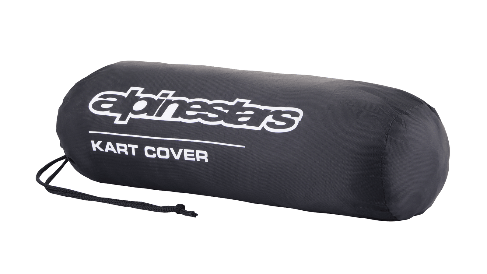 Alpinestars Kart Cover storage bag, Black, featuring white Alpinestars logo and 'KART COVER' text, cylindrical shape with a drawstring closure, compact and portable design for motorsport gear.