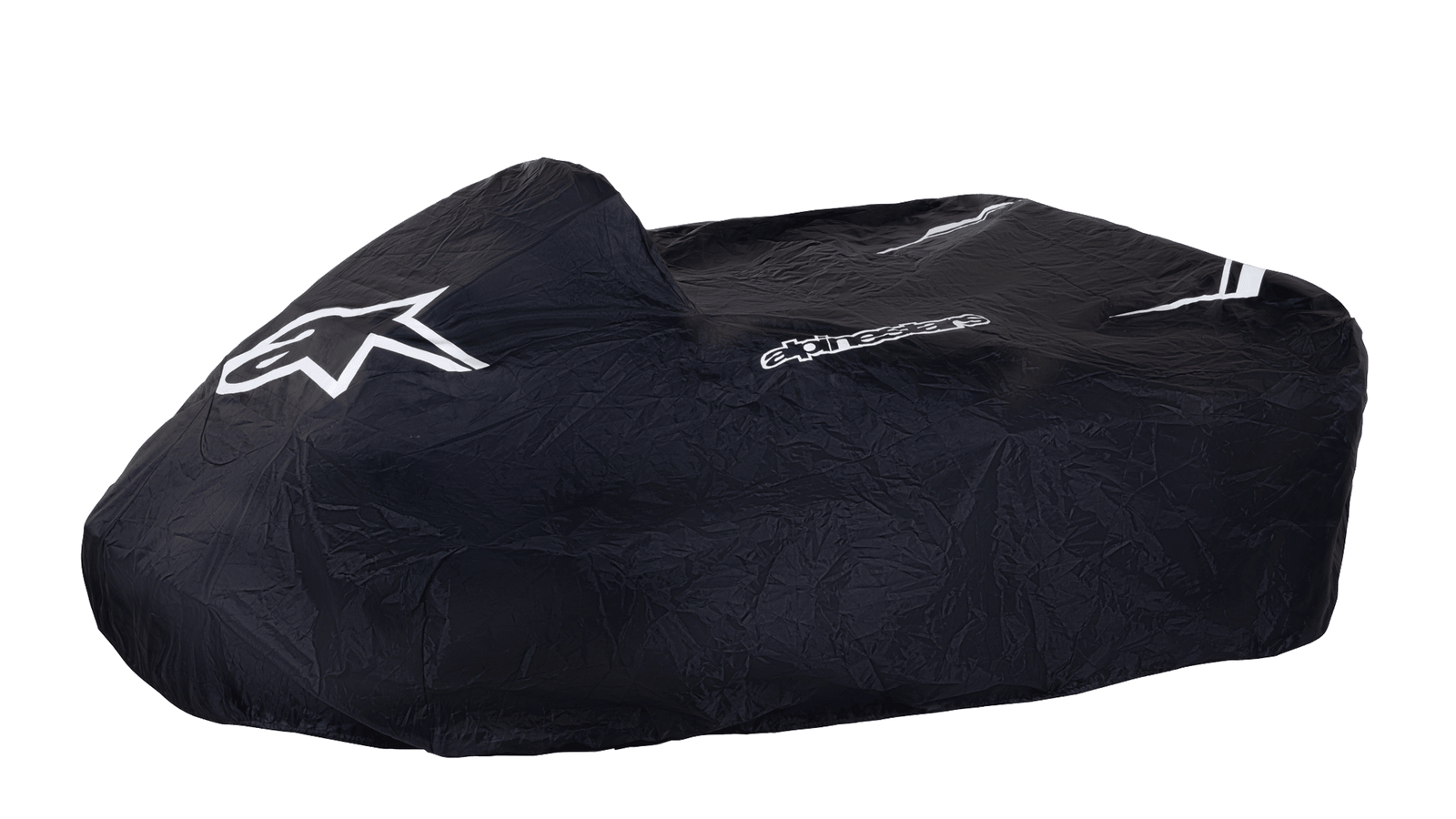 Alpinestars Kart Cover, Black, featuring white Alpinestars star logo and wordmark, protective go-kart cover, durable weather-resistant fabric with white stripe accents, structured design for paddock protection