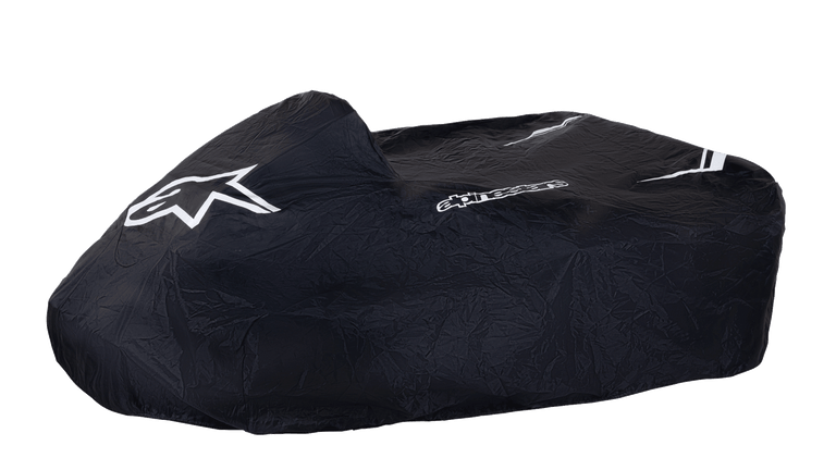 Alpinestars Kart Cover, Black, featuring white Alpinestars star logo and wordmark, protective go-kart cover, durable weather-resistant fabric with white stripe accents, structured design for paddock protection