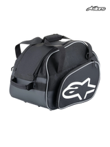 Alpinestars Flow V3 Helmet Bag, auto racing helmet and HANS device bag, black and white, lightweight polyester construction with side pocket, rigid base, and white Alpinestars logo