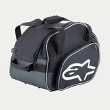 Alpinestars Flow V3 Helmet Bag, Protective Storage for Full-Face Helmets, Black and White, featuring a large white logo on the side, mesh ventilation panels, and reinforced grab handles, durable polyester design for racing gear.