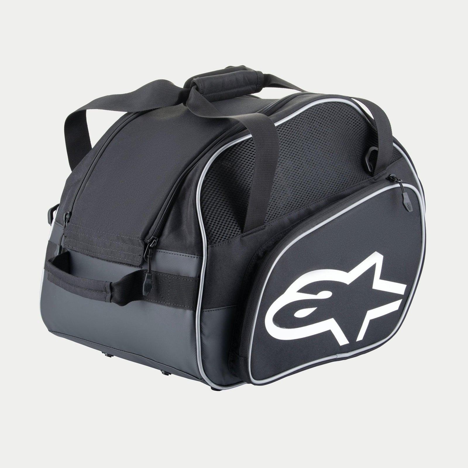 Alpinestars Flow V3 Helmet Bag, Protective Storage for Full-Face Helmets, Black and White, featuring a large white logo on the side, mesh ventilation panels, and reinforced grab handles, durable polyester design for racing gear.