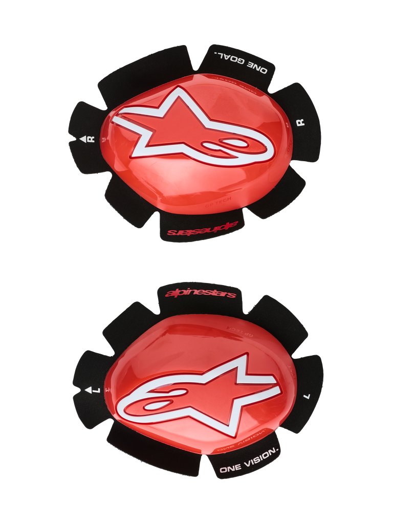 Alpinestars GP Tech Knee Sliders, Red and White, Motorcycle Racing Knee Protectors, featuring a large white star logo on glossy red plastic, 'ONE GOAL. ONE VISION.' text on black petal-shaped velcro backing, left and right pair for track use.