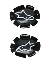 Alpinestars GP Plus Knee Sliders, Motorcycle Racing Knee Pucks, Black and White, glossy finish with white star logo, velcro attachment system, featuring "One Goal One Vision" branding, left and right set