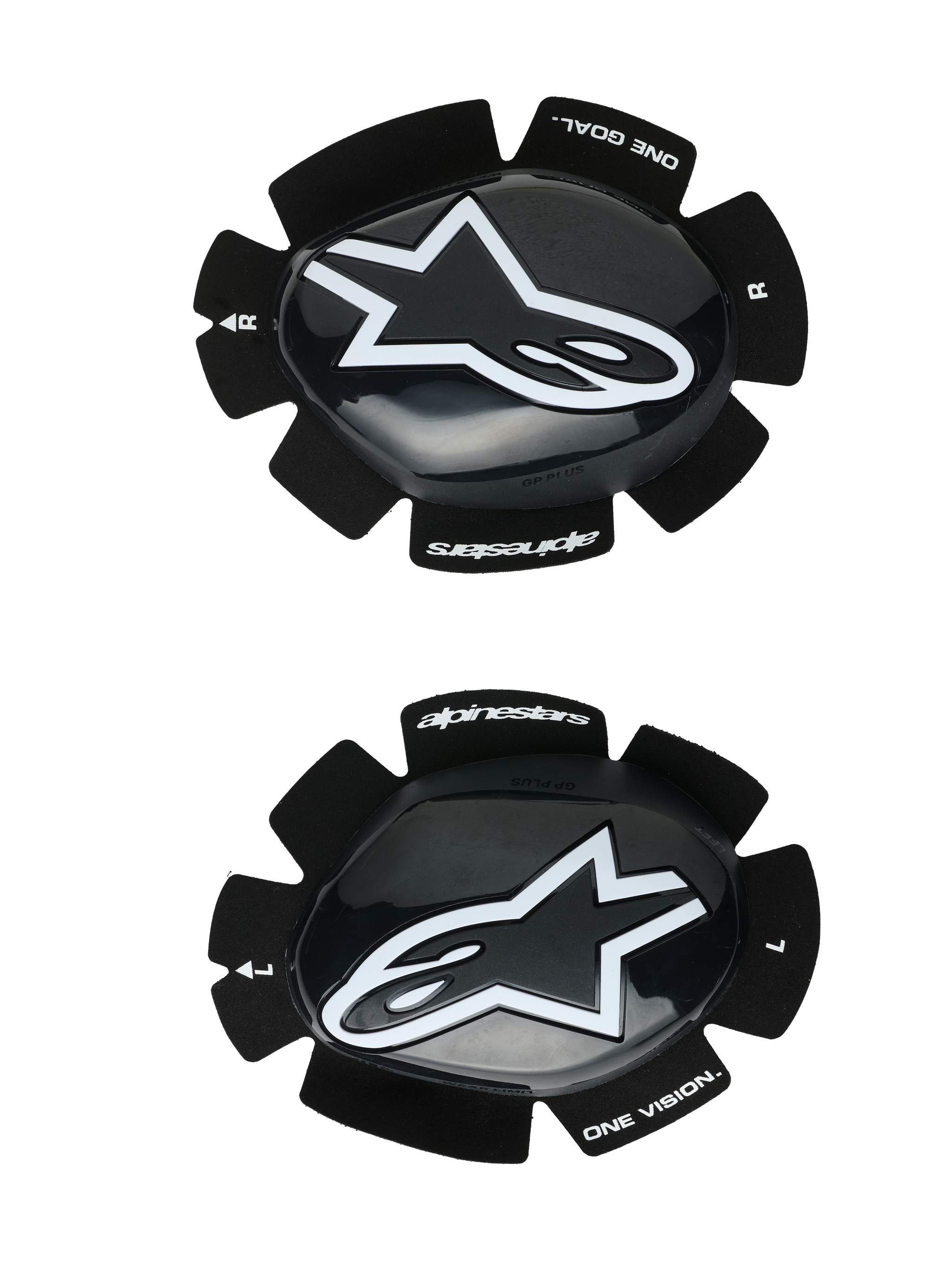 Alpinestars GP Plus Knee Sliders, Motorcycle Racing Knee Pucks, Black and White, glossy finish with white star logo, velcro attachment system, featuring "One Goal One Vision" branding, left and right set