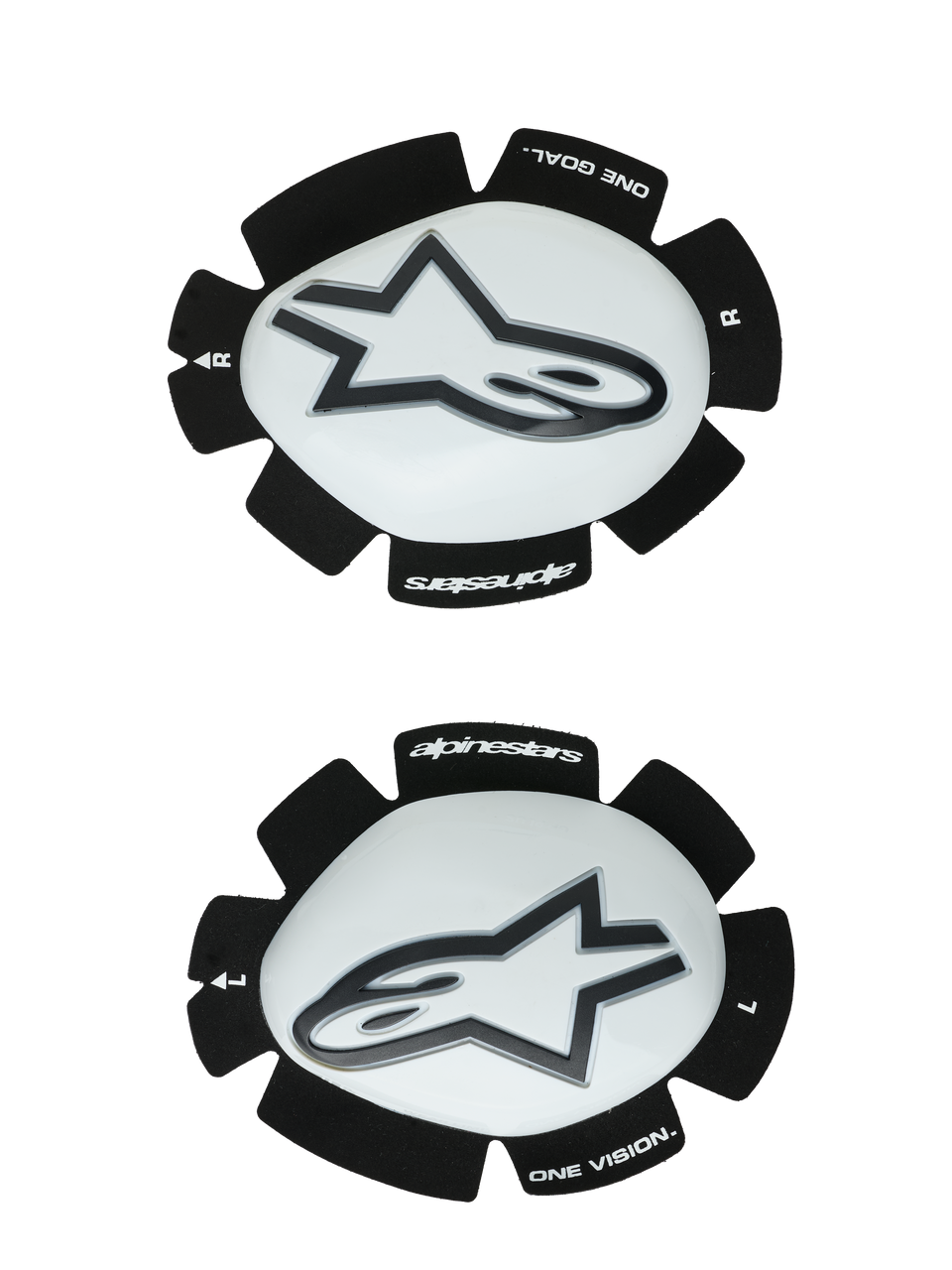 Alpinestars GP Plus Knee Sliders, White and Black, Motorcycle Racing Knee Protectors, pair showing left and right sliders with white plastic surfaces and black Astars logos, scalloped black Velcro backing featuring 'ONE GOAL' and 'ONE VISION' branding