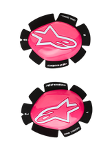 Alpinestars GP Plus Knee Slider, Motorcycle Racing Knee Sliders, Pink Fluo and White, set of left and right sliders, glossy pink surface with white star logos, black backing featuring 'One Goal One Vision' text, durable plastic construction for track and road use