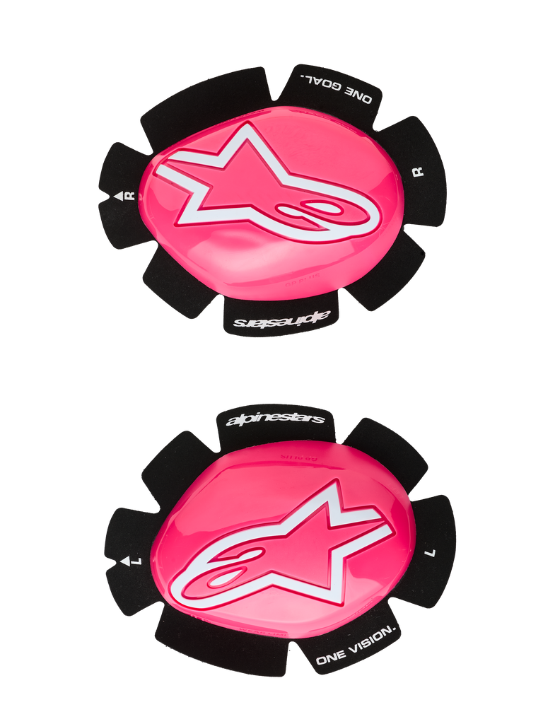 Alpinestars GP Plus Knee Slider, Motorcycle Racing Knee Sliders, Pink Fluo and White, set of left and right sliders, glossy pink surface with white star logos, black backing featuring 'One Goal One Vision' text, durable plastic construction for track and road use