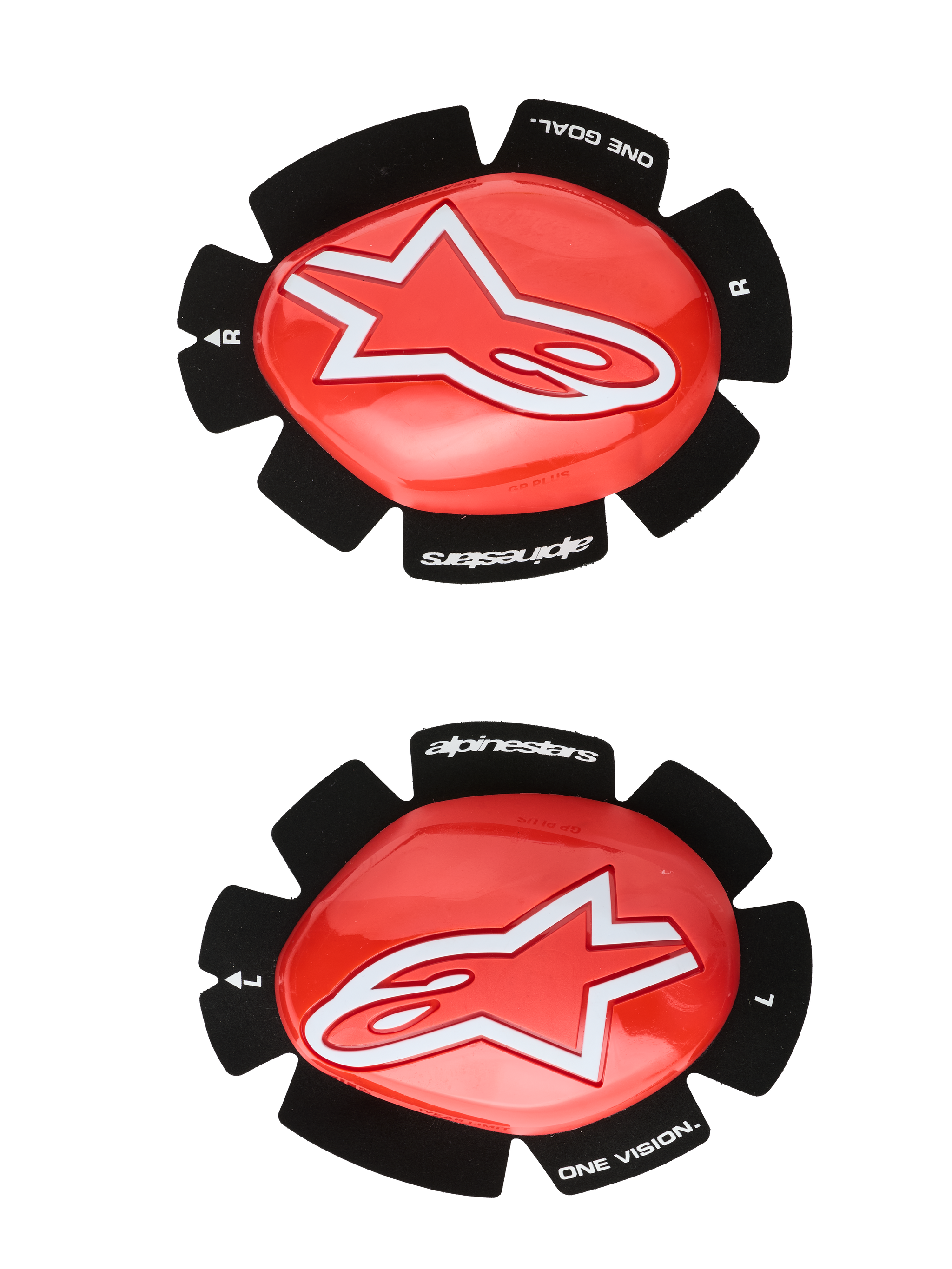 Alpinestars GP Plus Knee Sliders, Motorcycle Racing Knee Protection, Red and Black, White Star Logo, "ONE GOAL. ONE VISION." Branding, Velcro Attachment Pads, Left and Right Pair
