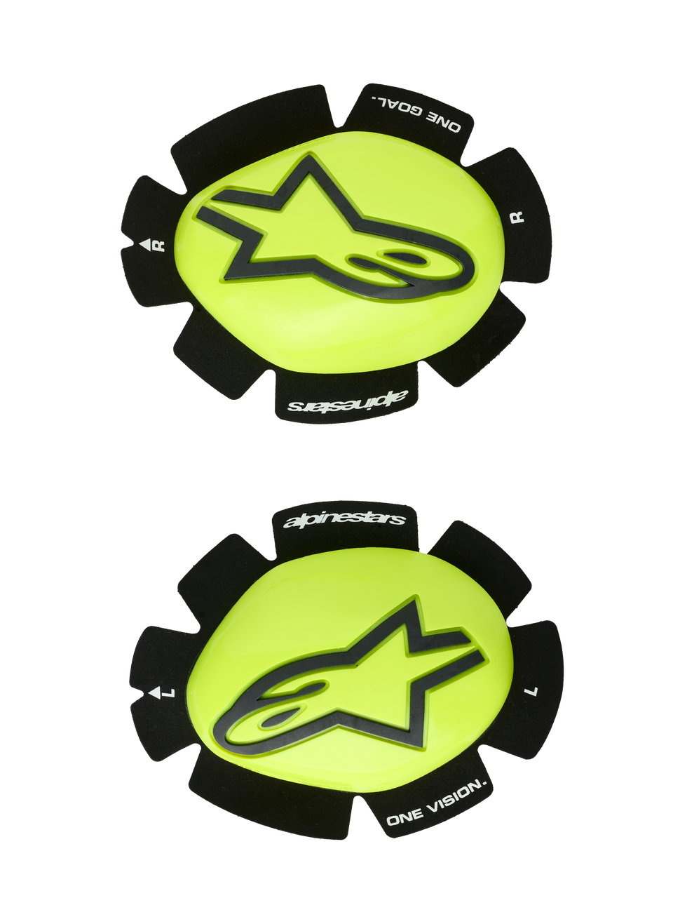 Alpinestars GP Plus Knee Slider, Motorcycle Racing Knee Sliders, Yellow Fluo and Black, left and right pair featuring a black star logo on a glossy yellow surface, textured black edges with "alpinestars" and "ONE GOAL ONE VISION" branding, designed for track abrasion
