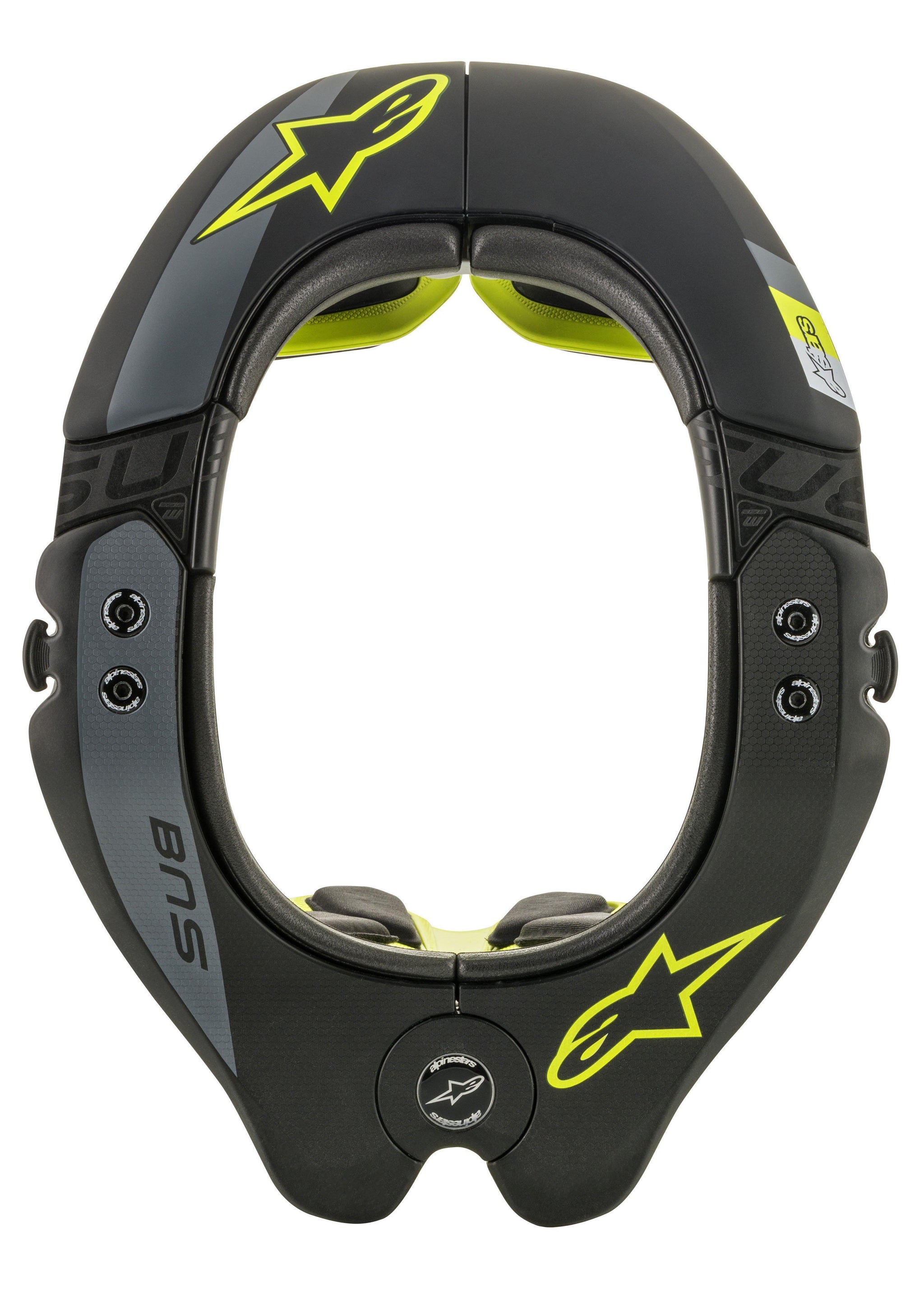 Alpinestars BNS Tech 2 Neck Support, Motocross Neck Protector, Black and Fluorescent Yellow, top-down view of the oval frame with yellow star logos, grey accents, and 'BNS' branding, designed for off-road safety