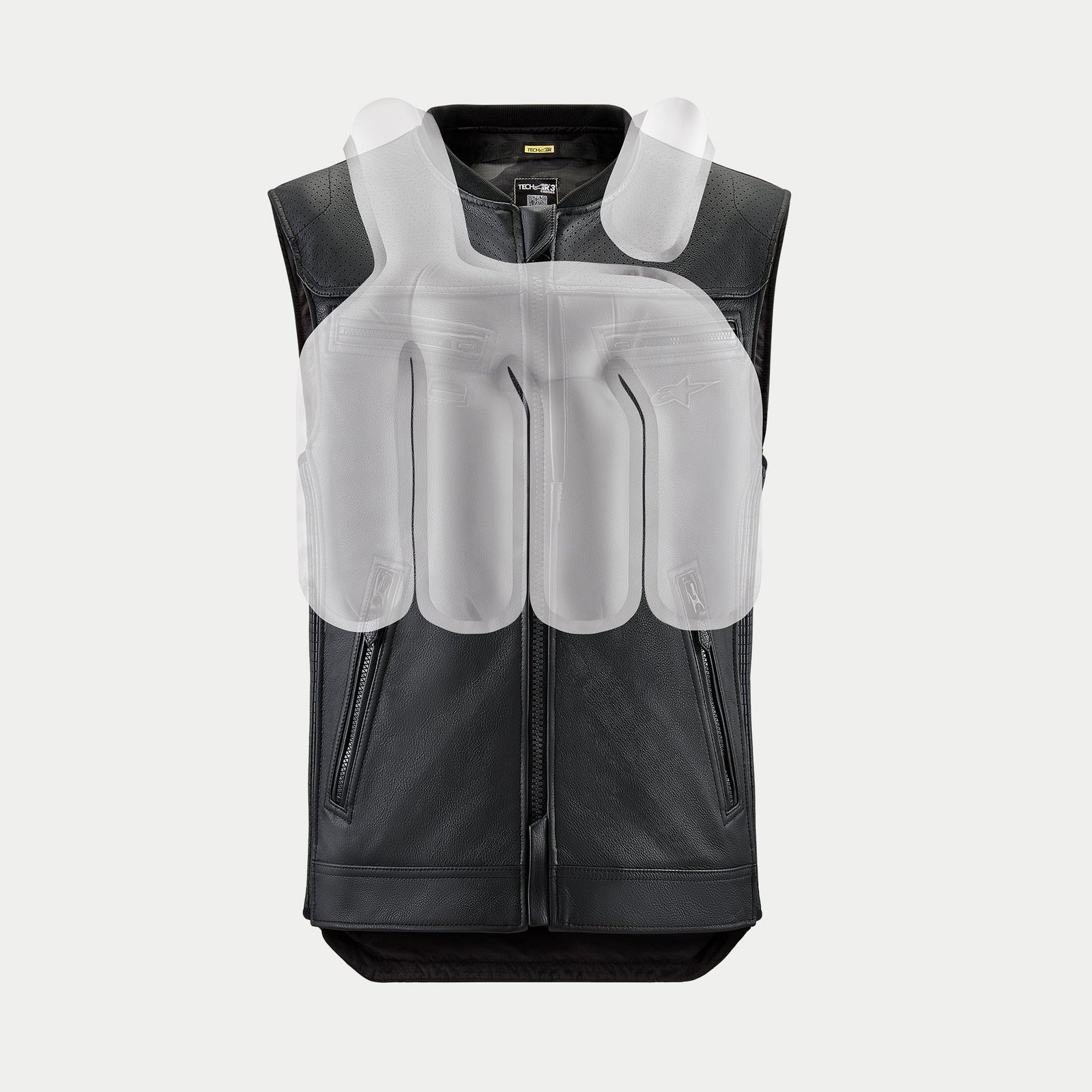 Alpinestars Tech-Air 3 Leather System, black motorcycle airbag vest with a white translucent overlay showing internal protection coverage.