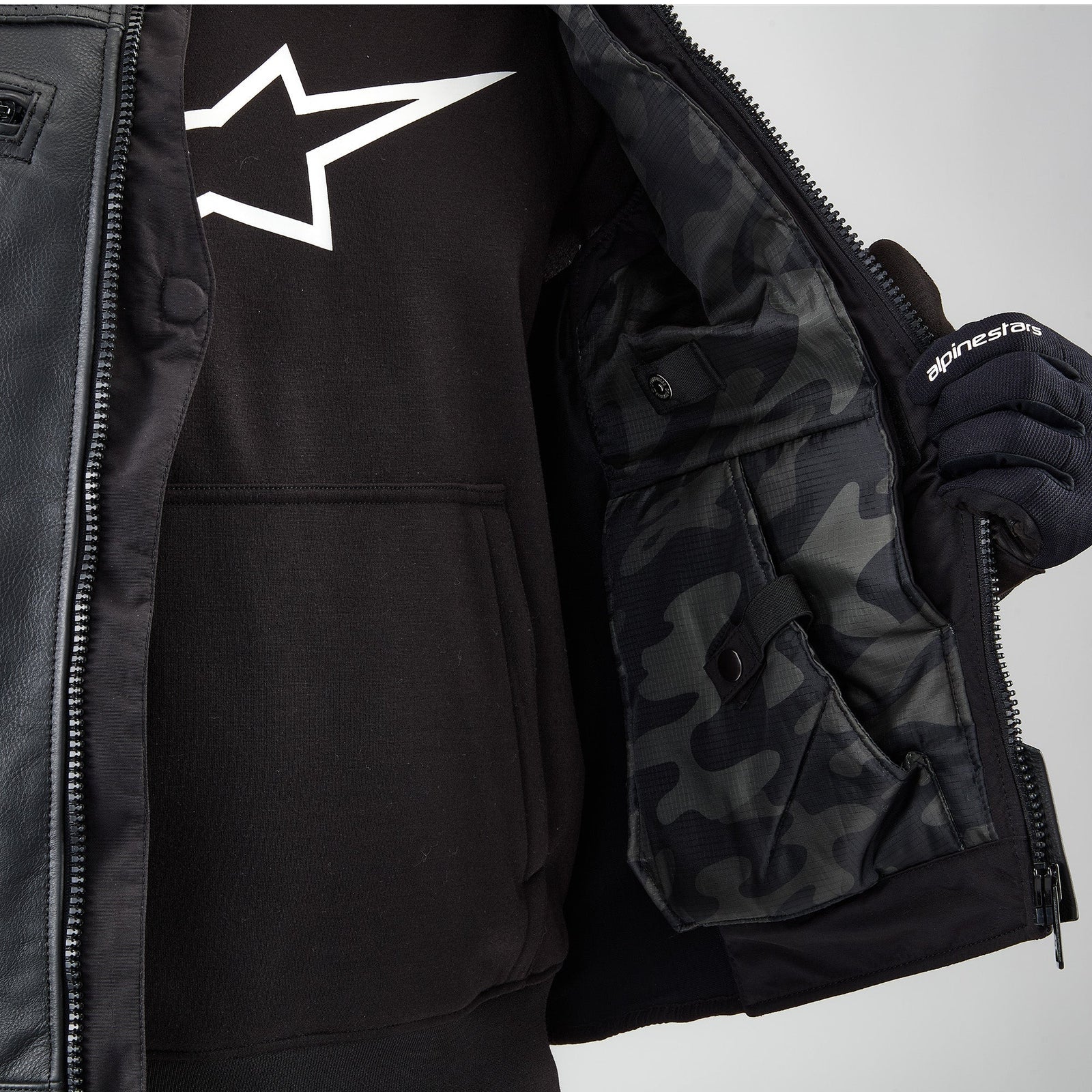 Alpinestars Tech-Air® 3 Leather System, Black motorcycle airbag vest featuring a grey camo inner pocket and autonomous safety.