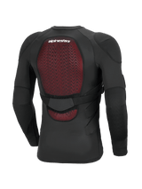 Alpinestars Bionic Plasma LT Protection Jacket - Long Sleeve, Black, Rear view highlighting the red Nucleon PLASMA back protector, breathable stretch mesh construction, adjustable waist strap, and integrated elbow and shoulder protection