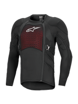 Alpinestars Bionic Plasma LT Protection Jacket Long Sleeve, Black and Red, off-road motorcycle protective gear with padded shoulders and elbows, breathable mesh chest panel with white logo, offset side zipper, and adjustable side belts.