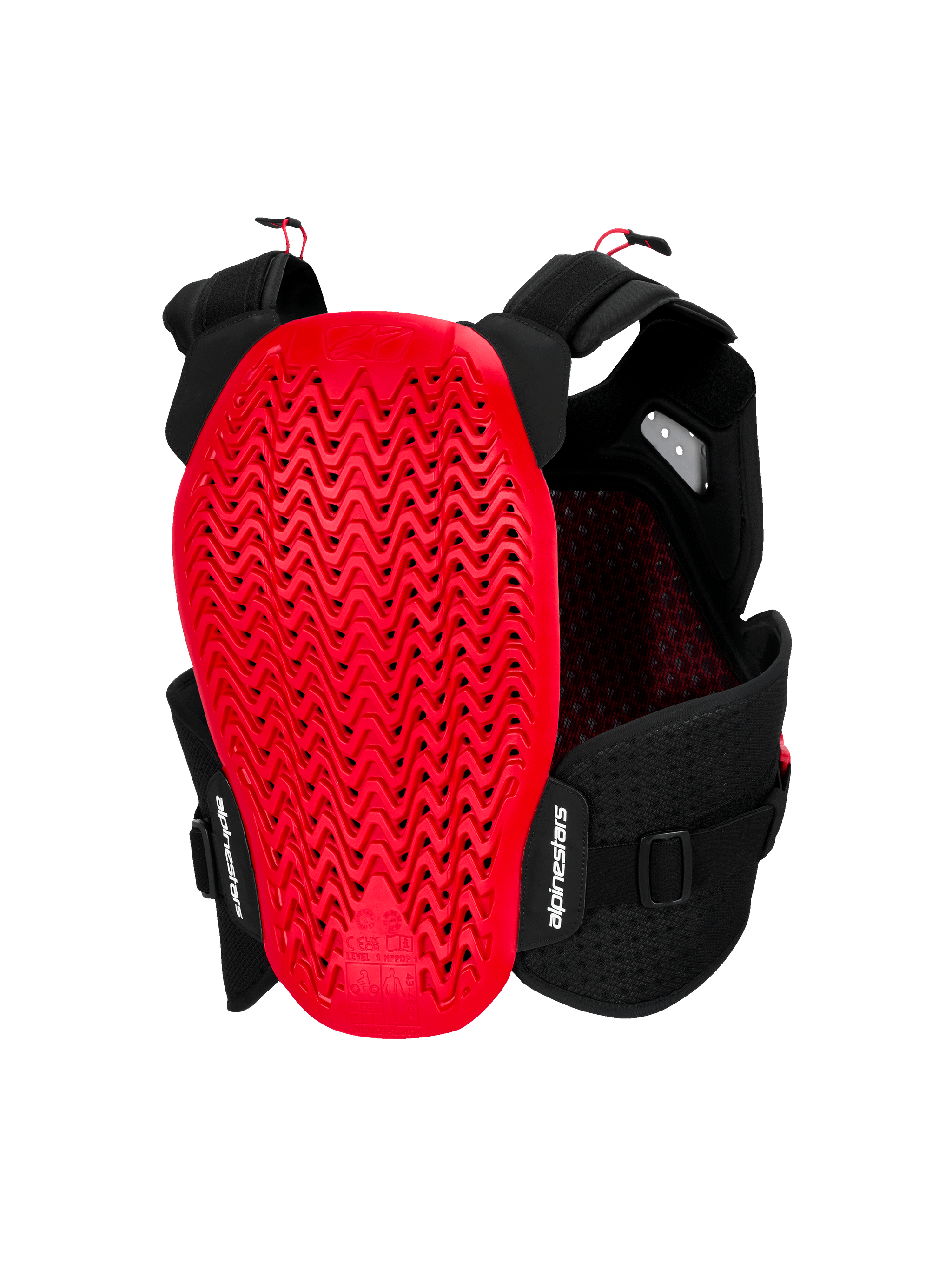 Alpinestars A-4 Plasma Chest Protector, Back View, Black and Red, featuring a large red Nucleon PLASMA back protector with a wavy perforated design, black mesh chassis with adjustable straps, and white Alpinestars branding.