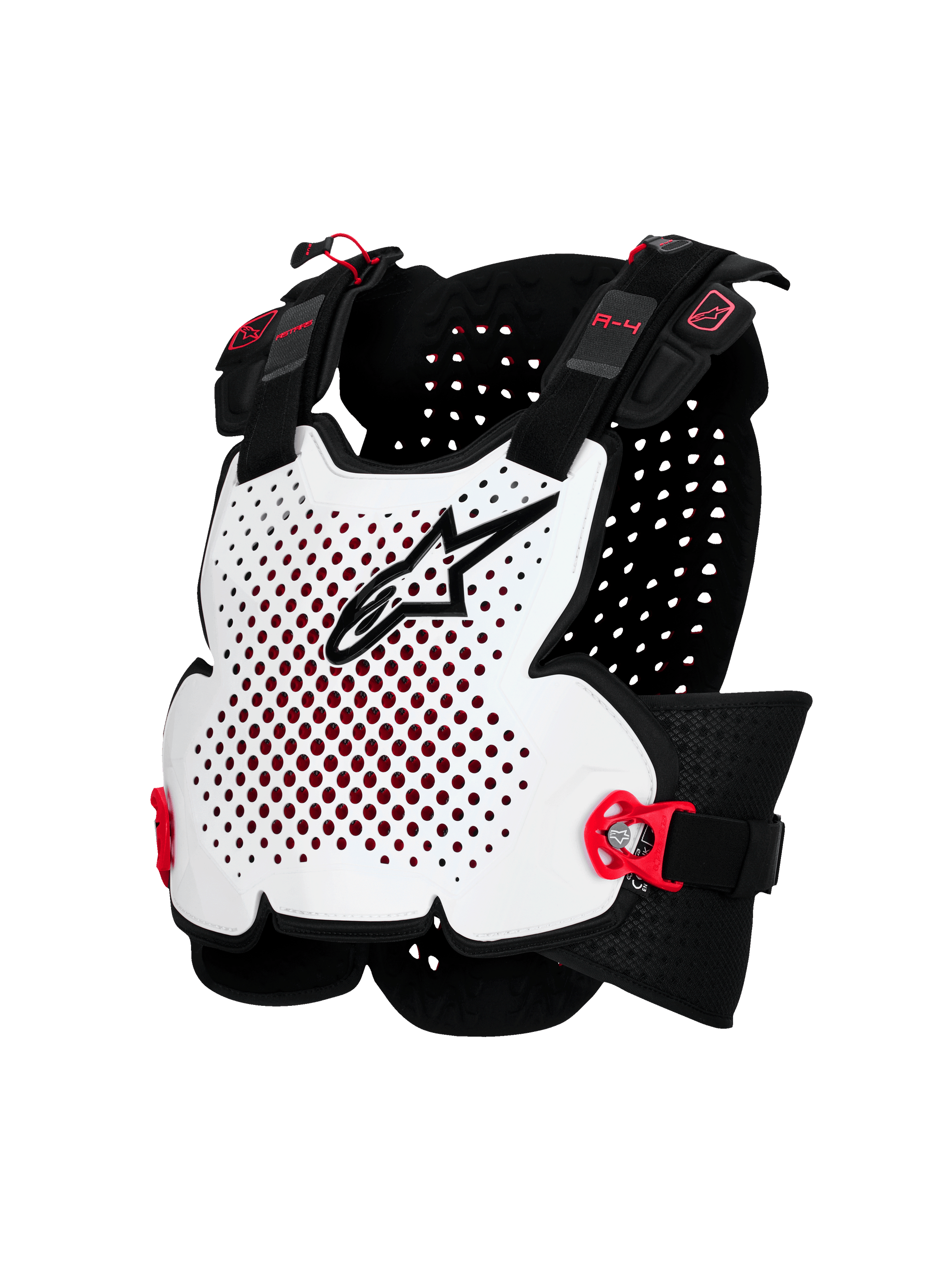 Alpinestars A-4 Plasma Chest Protector, Motorcycle Body Armor, White with Black and Red Accents, Ventilated Hard Shell Design, Adjustable Side Straps, Lightweight Off-Road Protection