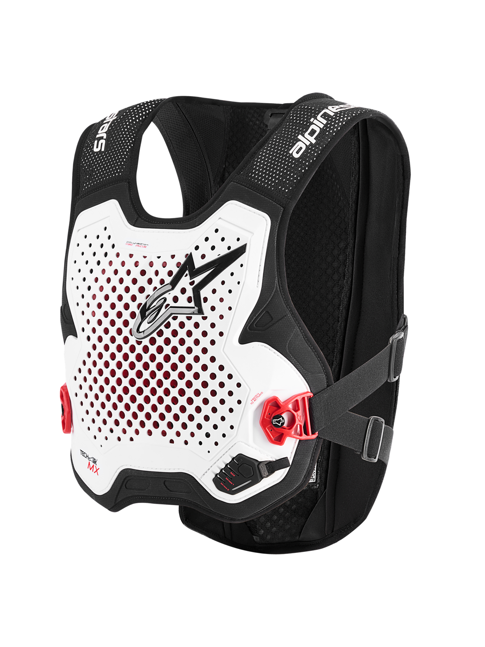 Alpinestars Tech-Air® MX System, motocross airbag protector vest in White and Black, featuring CE-certified protection, integrated Nucleon PLASMA back protector, and breathable stretch-mesh construction