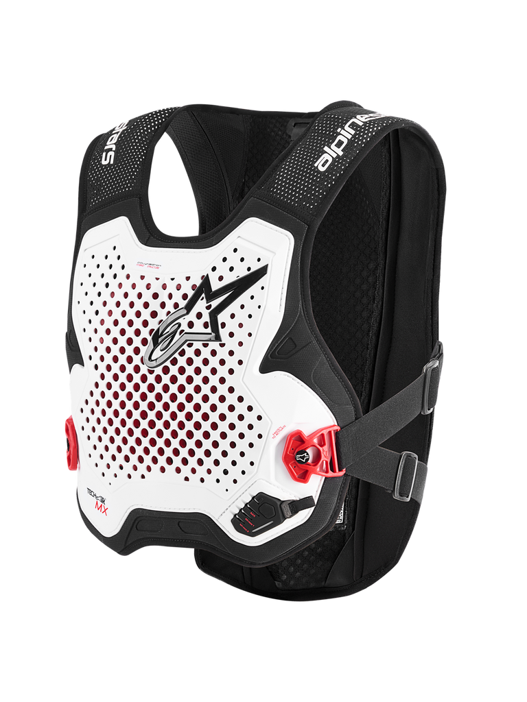 Alpinestars Tech-Air® MX System, motocross airbag protector vest in White and Black, featuring CE-certified protection, integrated Nucleon PLASMA back protector, and breathable stretch-mesh construction