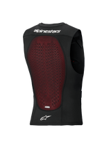 Alpinestars Bionic Plasma LT Protection Vest, rear view, black breathable mesh with a large red Nucleon PLASMA back protector, featuring white Alpinestars wordmark and logo, designed for off-road and motocross impact protection