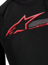 Tech-Air 10 V2 Race Airbag System chest detail, black technical fabric with bright red Alpinestars logo and tech graphics.