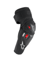Alpinestars Bionic Pro Plasma Elbow Protectors, Black Red and White, featuring dual thermoplastic shells and Nucleon PLASMA impact protection, breathable mesh design with white logo, off-road motorcycle protective gear