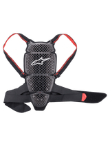 Alpinestars Nucleon KR-Cell Protector, Motorcycle Back Protector, Smoke Black and Red, featuring a perforated honeycomb grid with a white Alpinestars logo, adjustable red branded straps, and a black waist belt, ergonomic ventilated design