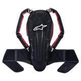 Alpinestars Nucleon KR-2 Back Protector, Black Smoke Red, featuring an articulated vertebrae-style design, adjustable shoulder straps with red accents, and a wide waist belt, lightweight motorcycle spine protection